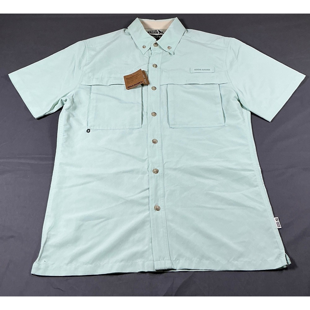 Eddie Bauer Sport Shop Rainier Ripstop Shirt Mens Small Celadon Green UPF 50+